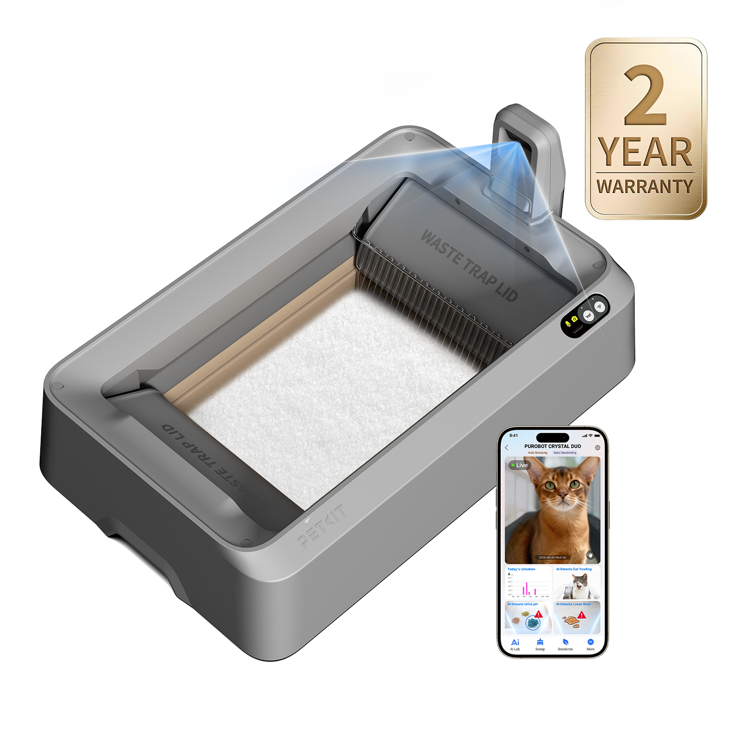 Purobot Crystal Duo Automatic Cat Litter Box with Camera (Gray)