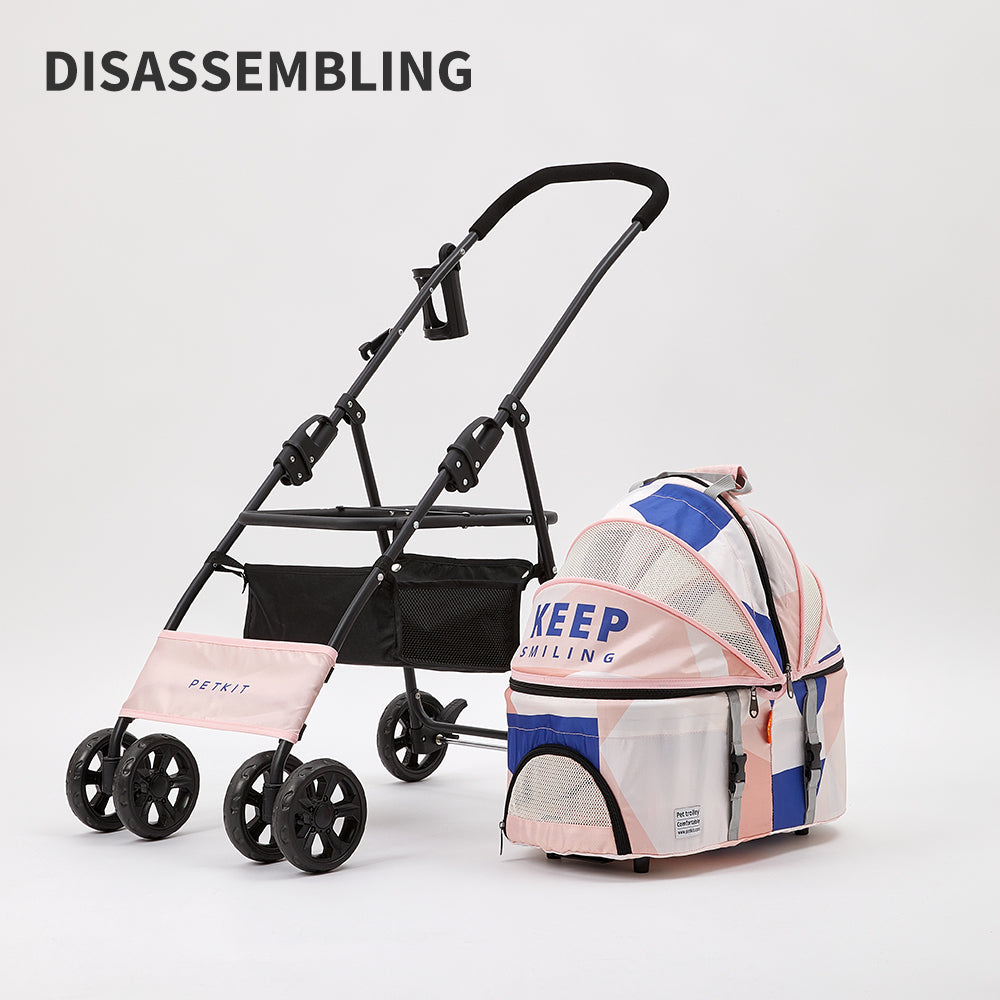 Bon Voyage Pet Stroller features a detachable pet carrier design, allowing the stroller frame and pet bag to be used separately for flexible travel