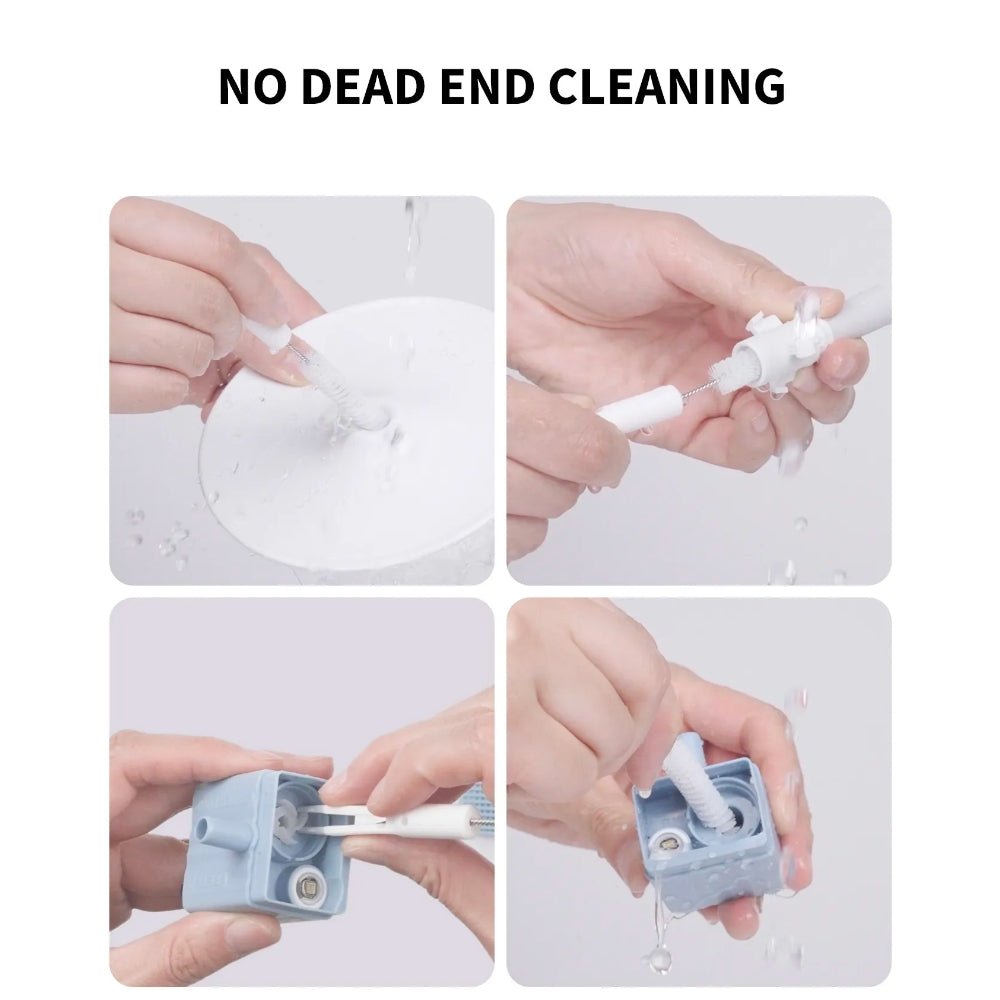 Cleaning Set brushes reaching tight corners of water fountain to remove residue without leaving dead spots